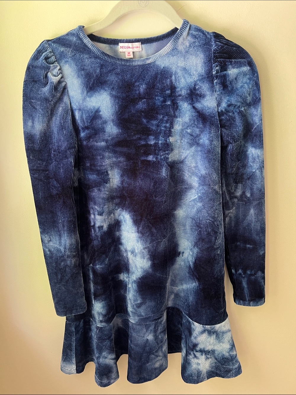 Design History Blue Tie-Dye Corduroy Velour Long Sleeve Dress Top